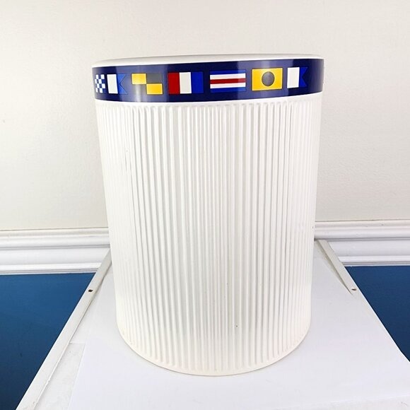 Nautica Monterey Sail Flags Ribbed Ceramic White Wastebasket NWT