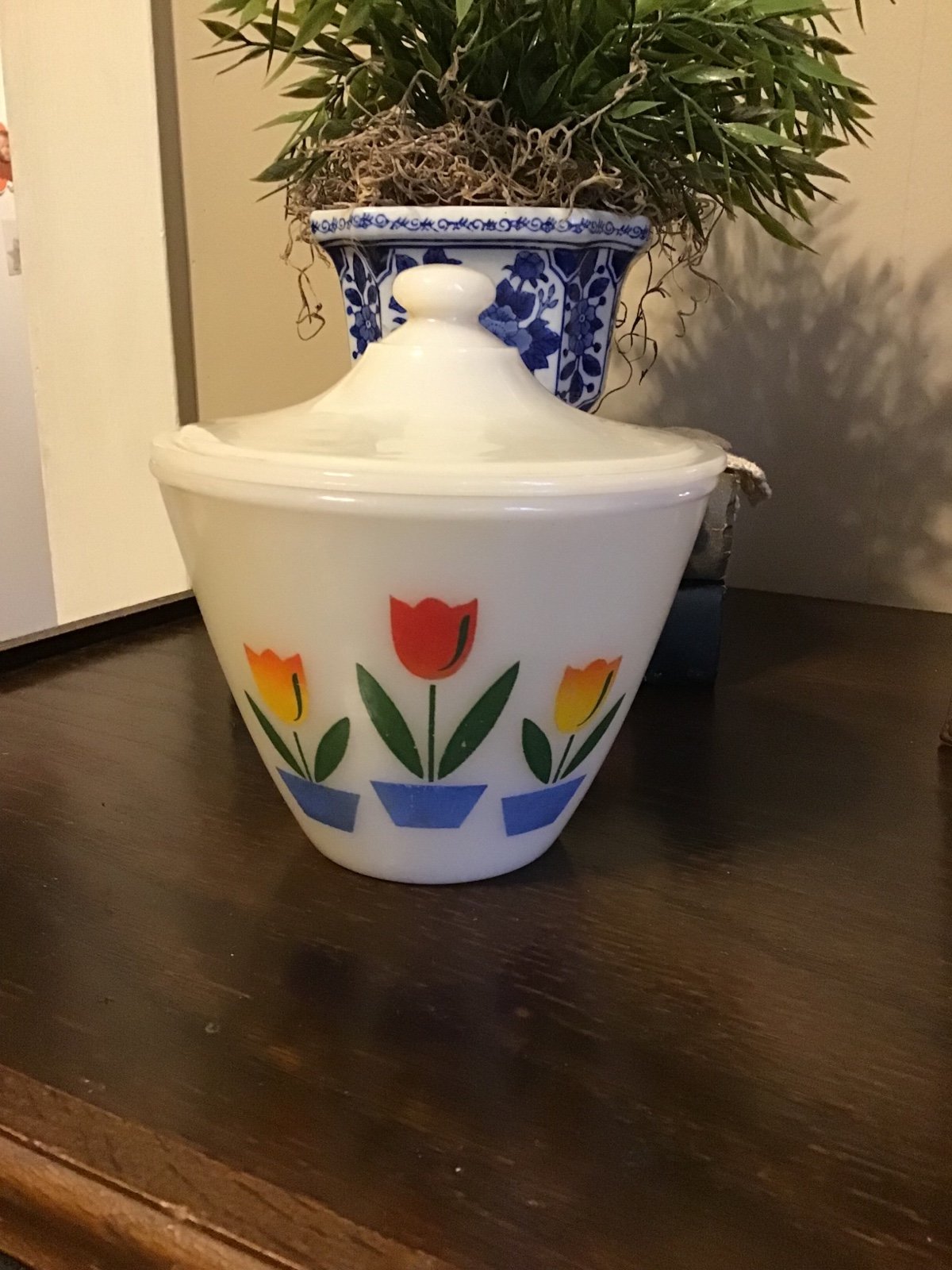 Vtg Anchor Hocking Tulip Pattern Fire King Grease Pot/Jar with Lid