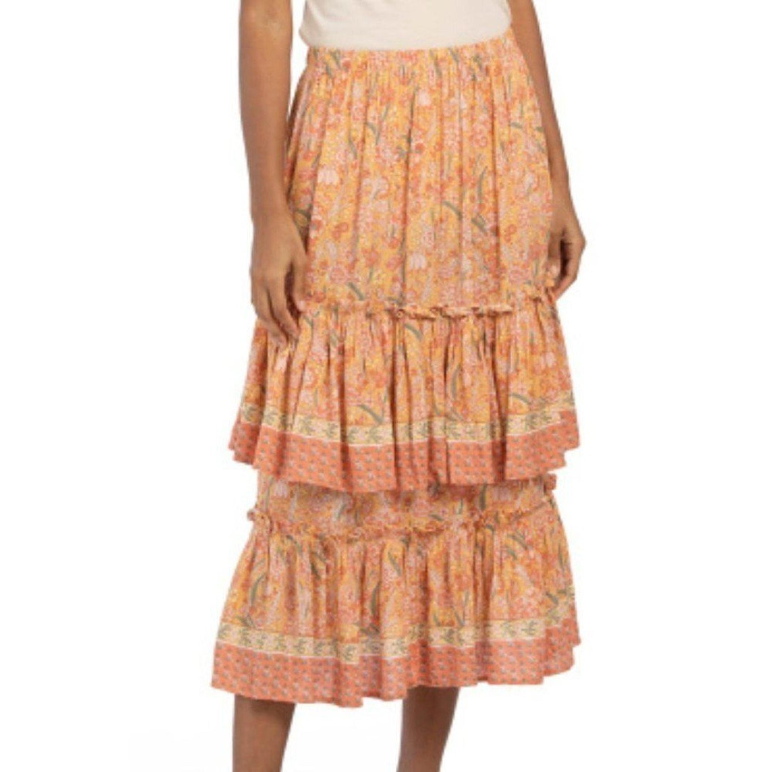 Rachel Zoe New Size XS Viscose Boho Orange Floral Tiered Ruffle Maxi Skirt