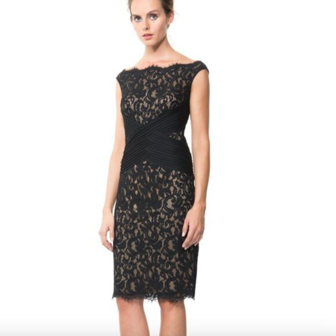 Tadashi Shoji black and cream bodice lace sheath dress