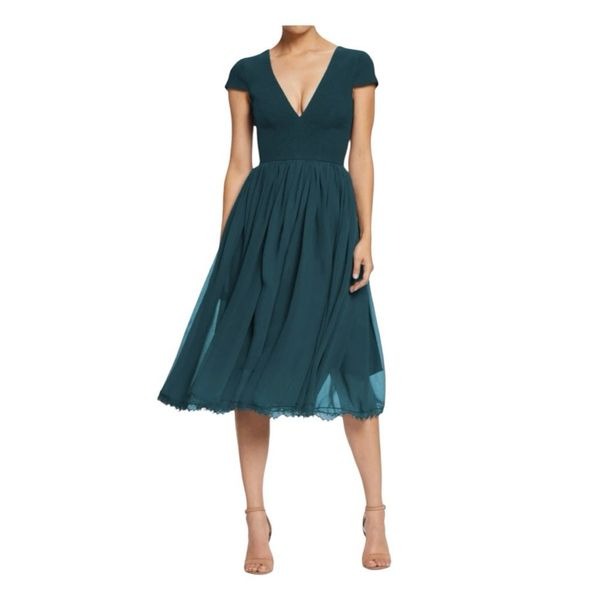 Dress The Population Corey Cocktail Dress Pine Green Chiffon Midi Fit & Flare XX