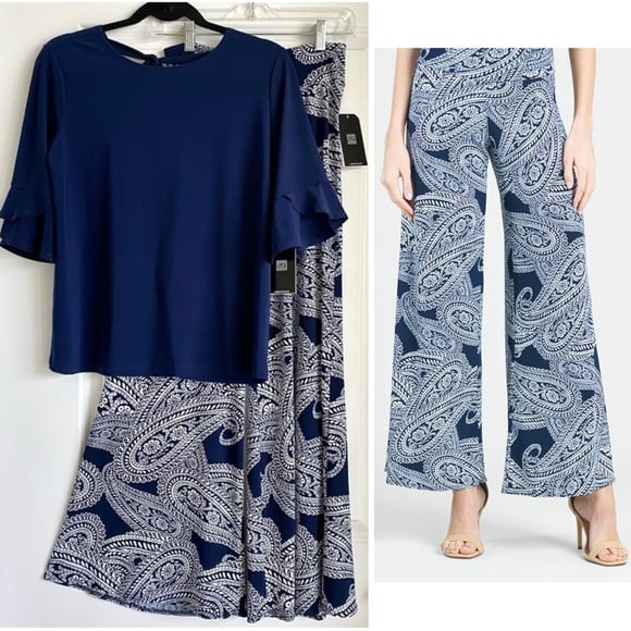 NEW Clara SunWoo 2 piece Navy Top White Floral Paisley Print Palazzo Pants Set