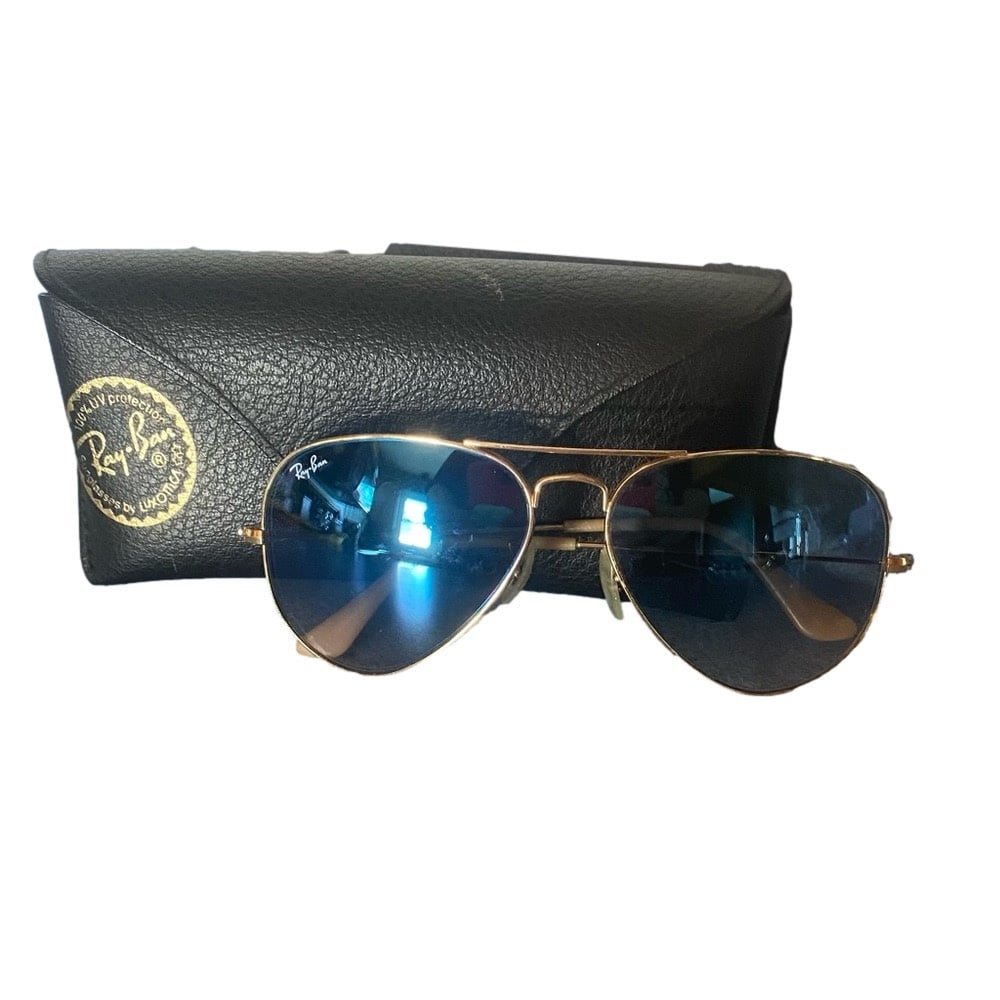 Ray-Ban Aviator Sunglasses Vintage 58014 Gold Frame Flash Blue Lenses