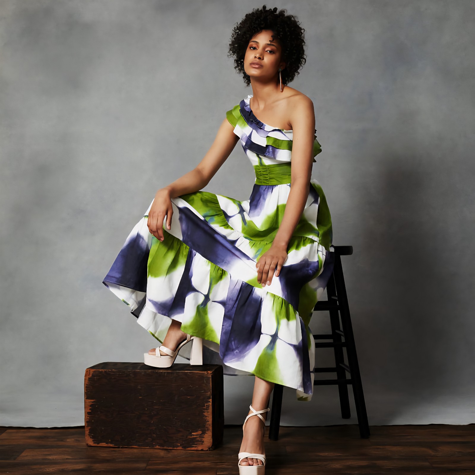 Busayo x RTR Tie Dye Maxi Dress Sz 0 Ruffle One Shoulder Tiered Sun dress Resort
