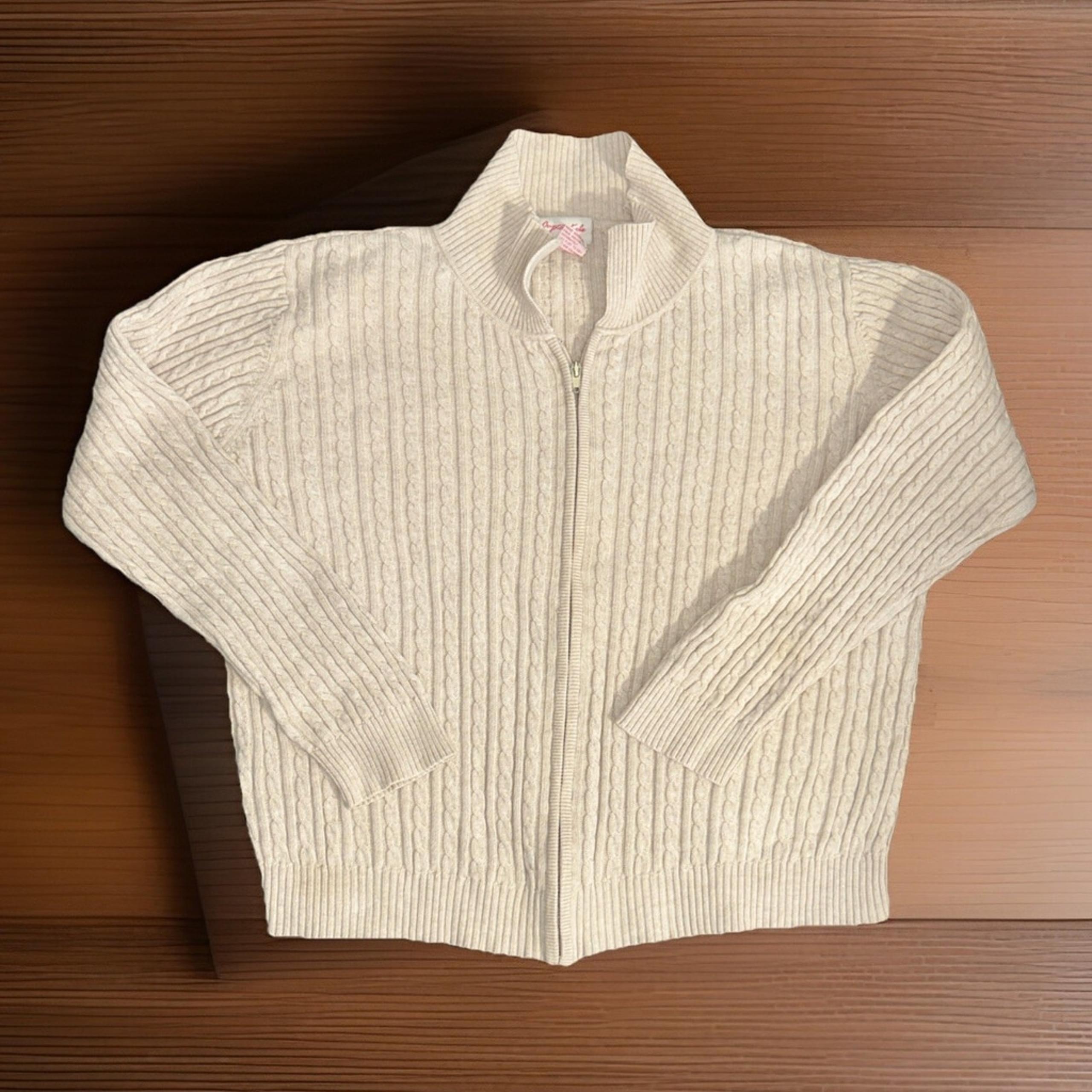 Crystal Kobe Women’s Large Zip Up Cable knit Sweater Cream/Oat