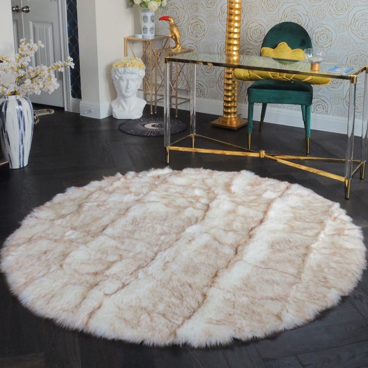 NEW FAUX FUR ROUND RUG 6 X 6 MACHINE WASHABLE BROWN TIP WHITE