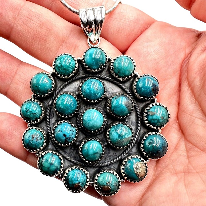 Womens Necklace Sterling Silver Blue Turquoise Pendant 16 Inch 58 Gram Southwest