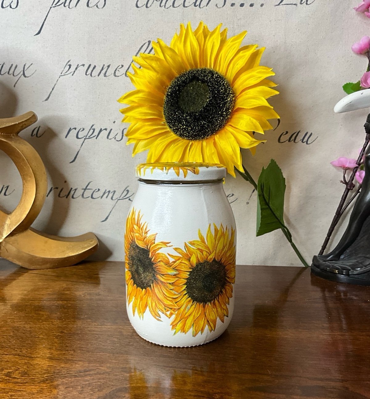 Recycle jar store containers with sunflower motif caddy