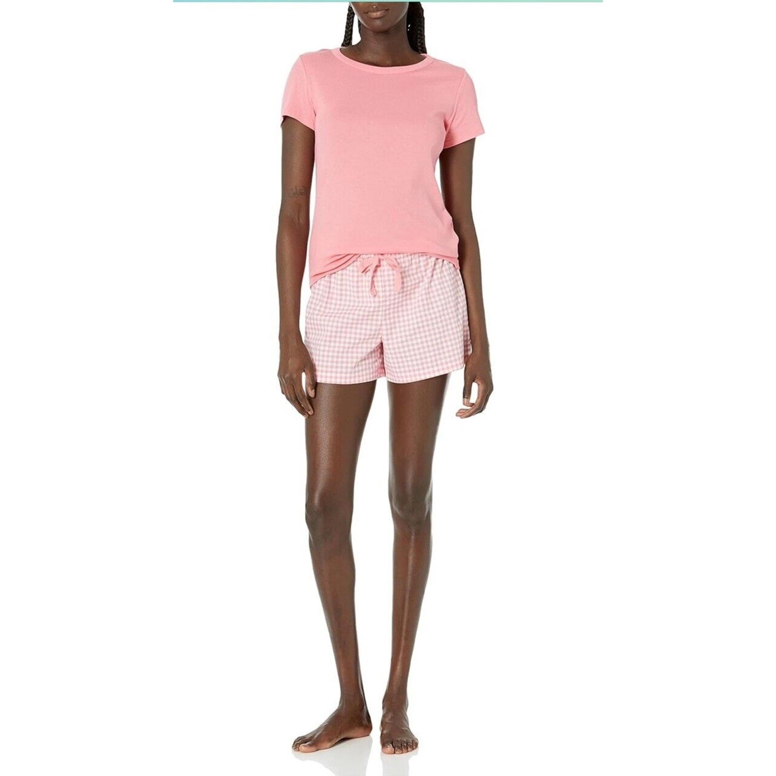 Amazon Essentials Women's Poplin Short and Sleep Tee Set Pink Plaid Size Large