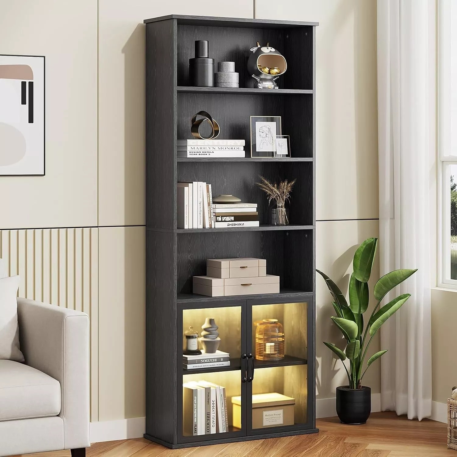 Tall Bookcase with Doors and LED Lights, Floor Standing 6 Tier Bookshelf