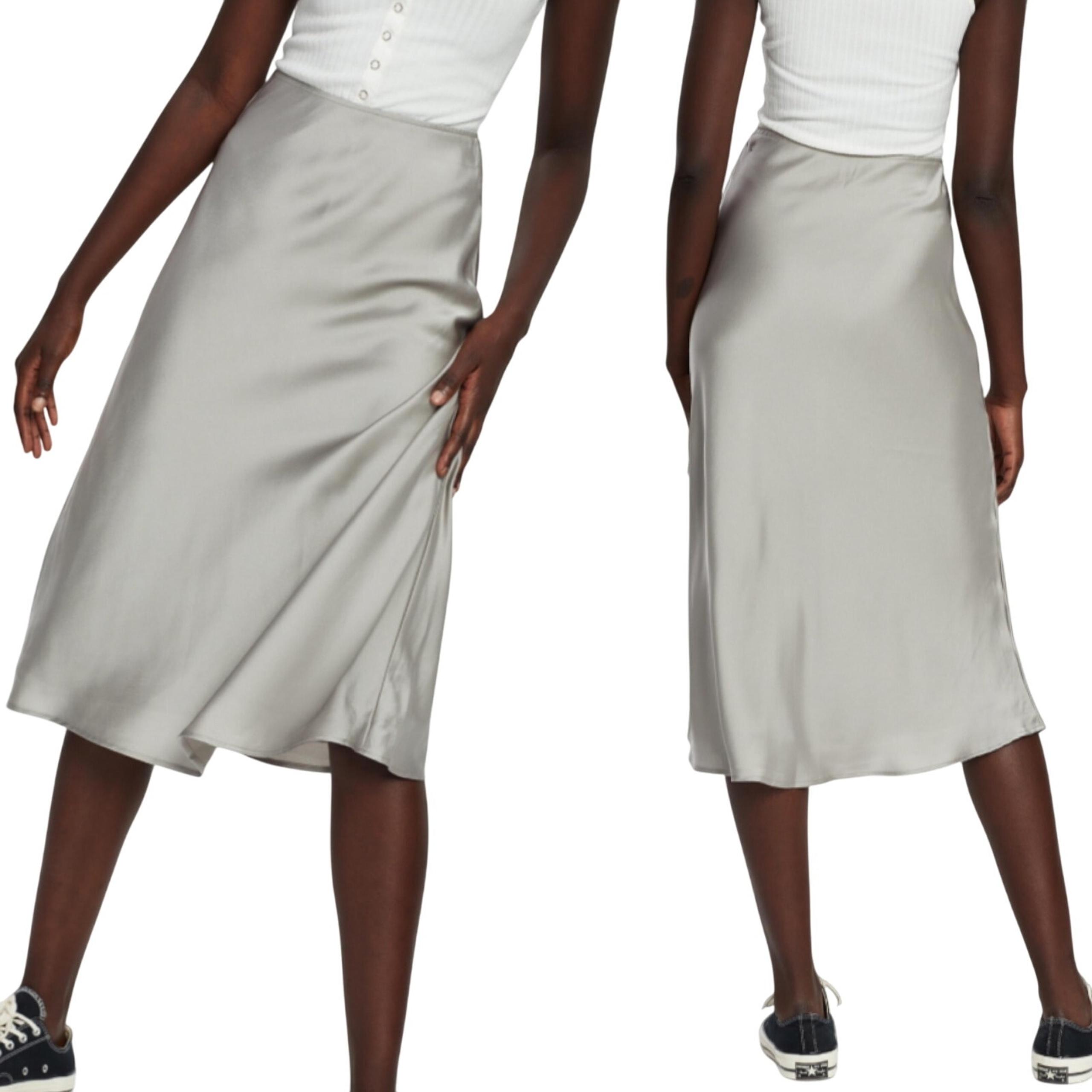 Abercrombie & Fitch Satin Midi Skirt Elasticized Waist Bias Cut Silver Gray M