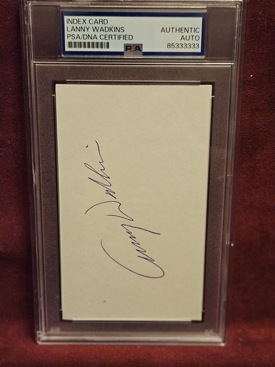 LANNY WADKINS PGA 1X PGA CHAMPION HOF 2009 SIGNED INDEX CARD PSA