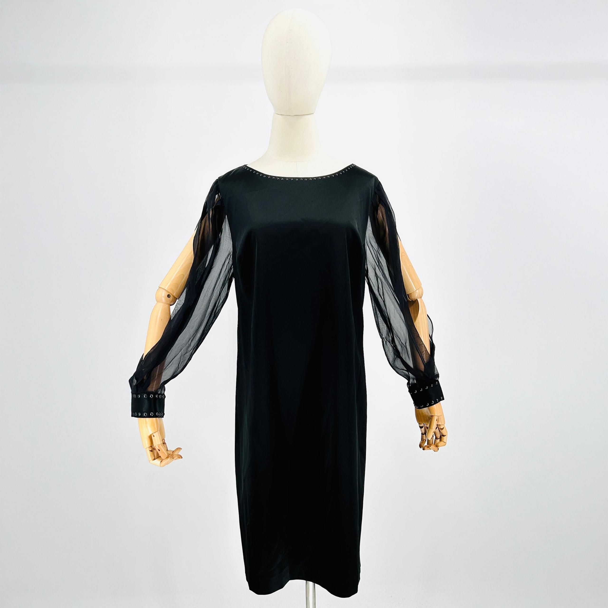 Elie Tahari Black Satin Sheath Dress with Sheer Split Sleeves + Studded Trim