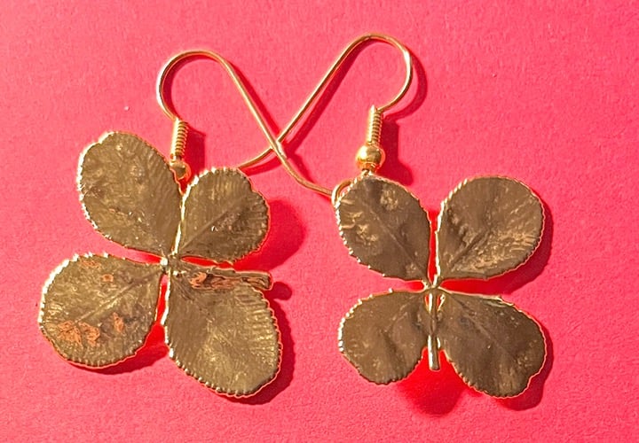 24K gold dipped real clover earrings RARE item from early 2000s. Dangle earrings