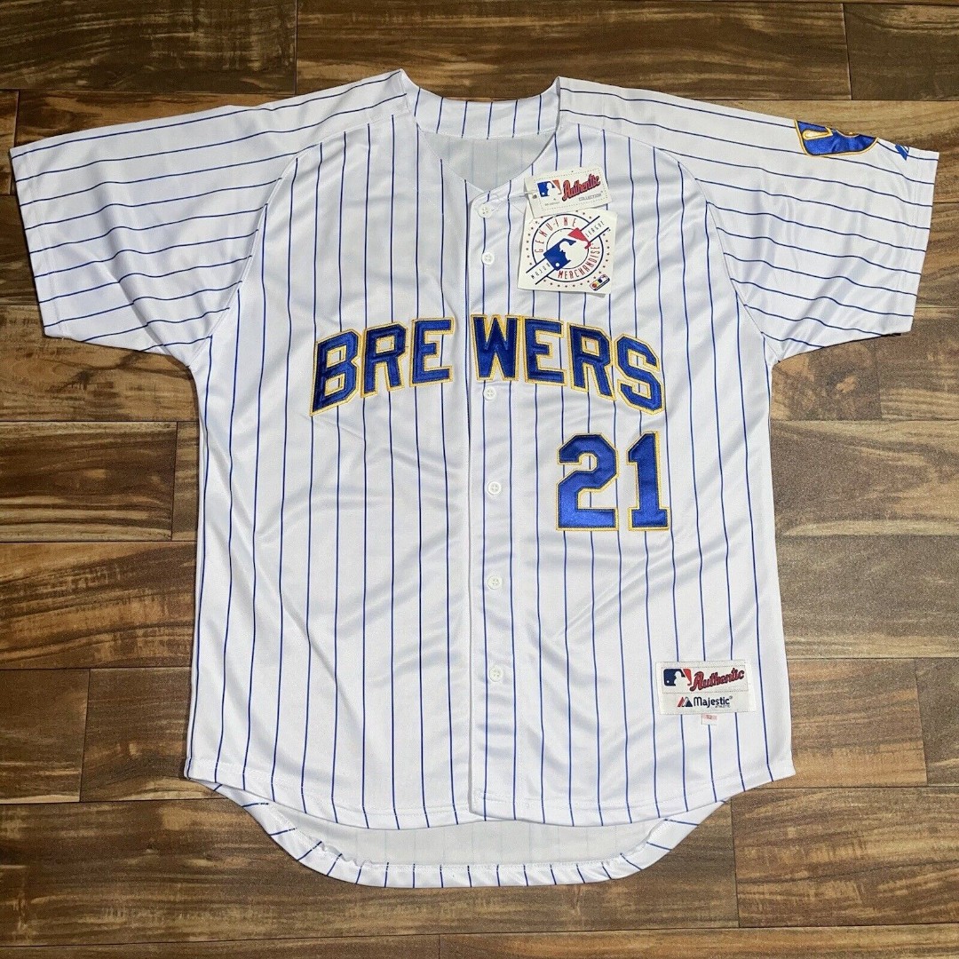 NWT Milwaukee Brewers Alcides Escobar Striped Majestic Baseball Jersey Size 52