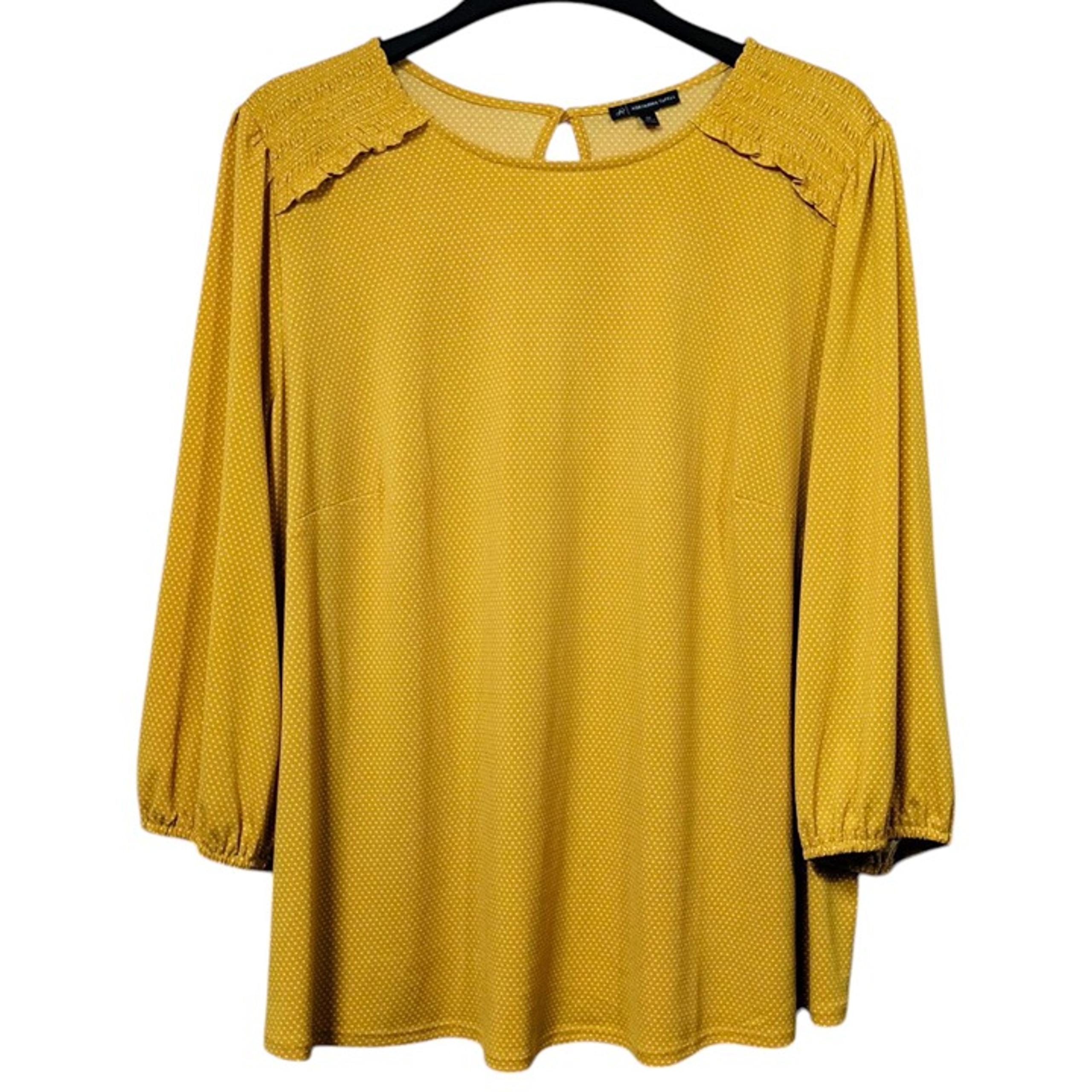Adrianna Papell 3/4 Sleeve Stretch Blouse Mustard Polka Dot Women's Plus Size 3X