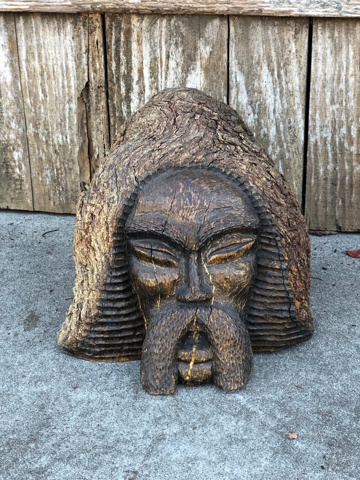 Vintage 70’s Hand carved WOODEN Chinese Face Burl-wood HEAVY Tree Stump ART