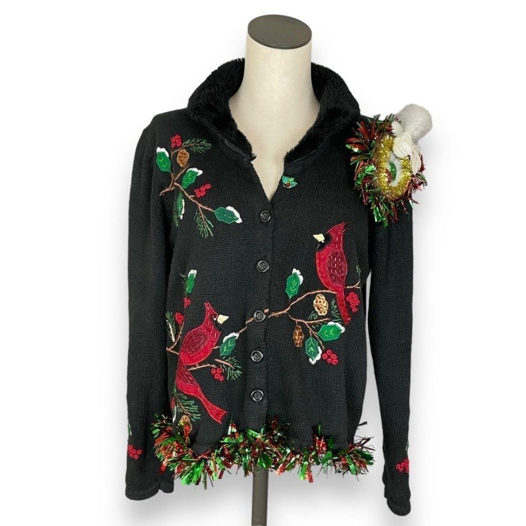 Vintage Christmas Cardigan 3D Ugly Xmas Sweater Party Birds Nest Embellished Sm
