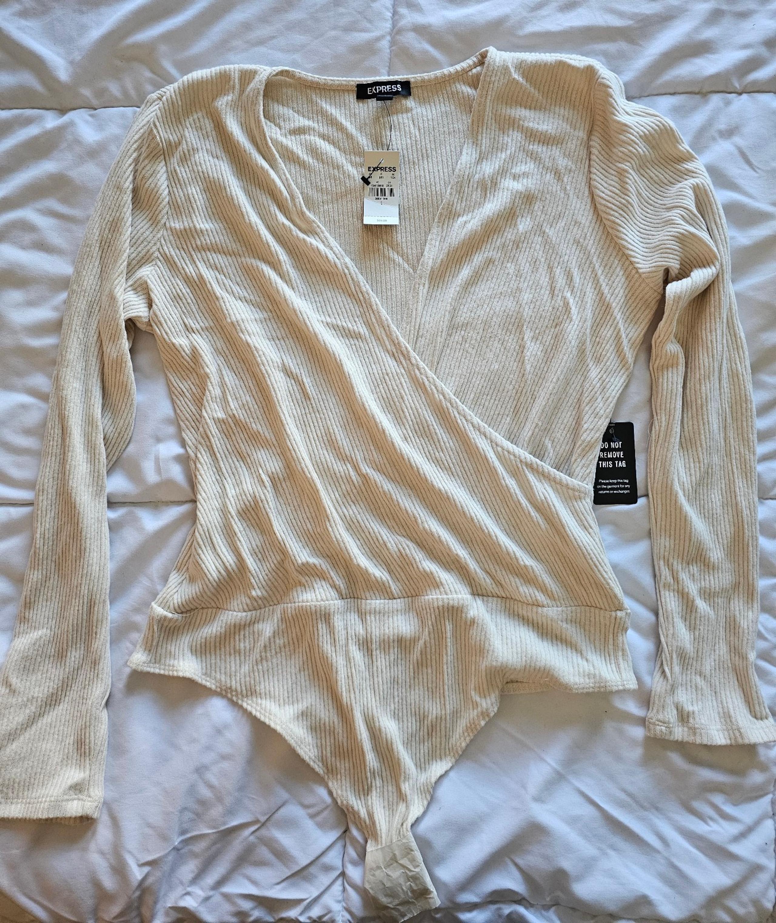 Women's Express ribbed long sleeve cross front bodysuit