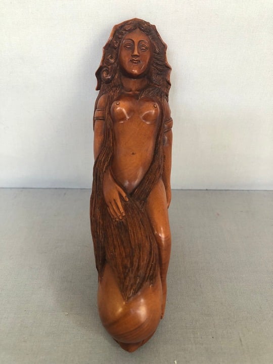 Vintage Asian Wood Carving Signed Nude Girl Riding a Dolphin Canes Handle