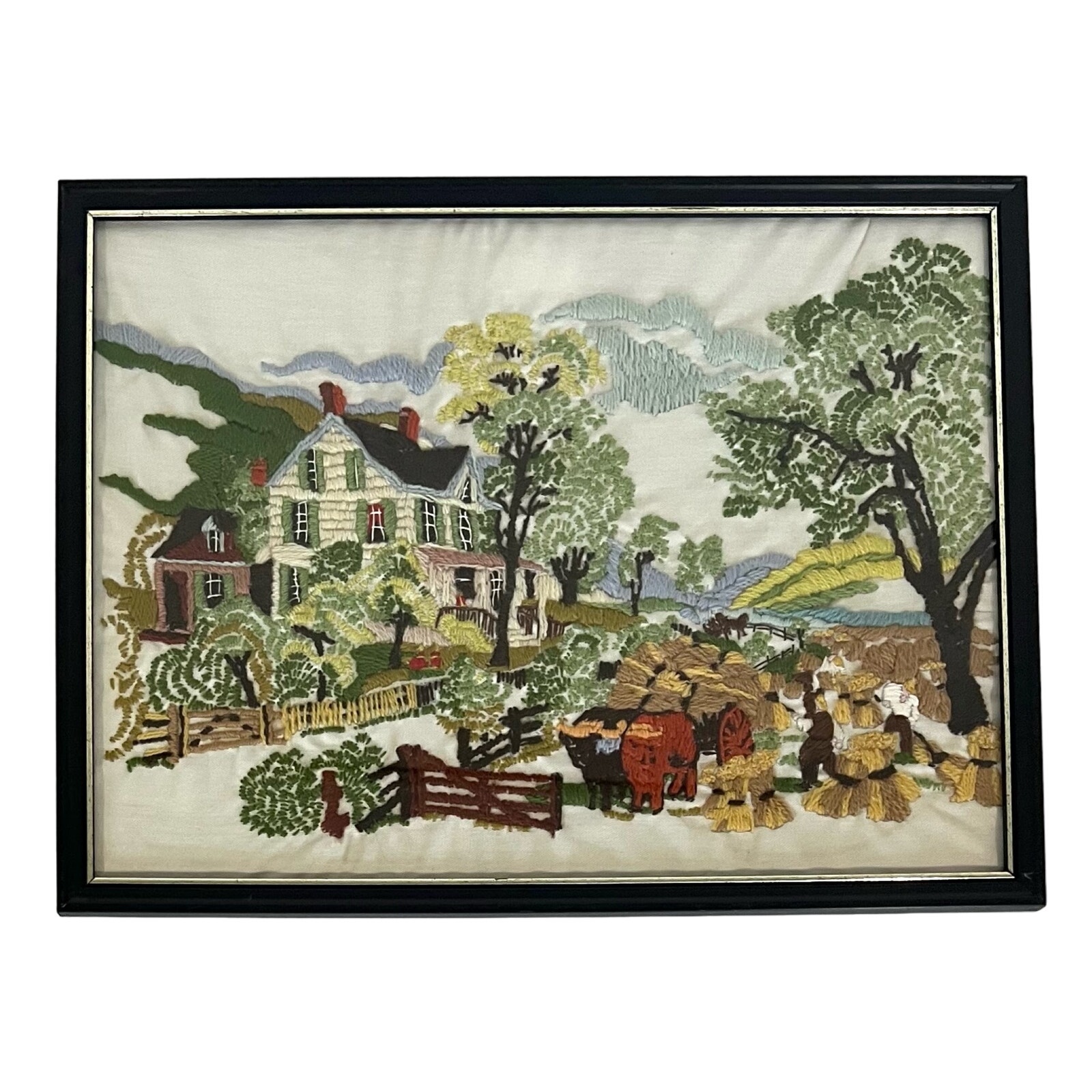 Vintage Crewel Needlrpoint Embroidery Frames House Farm Folk Picture Scene