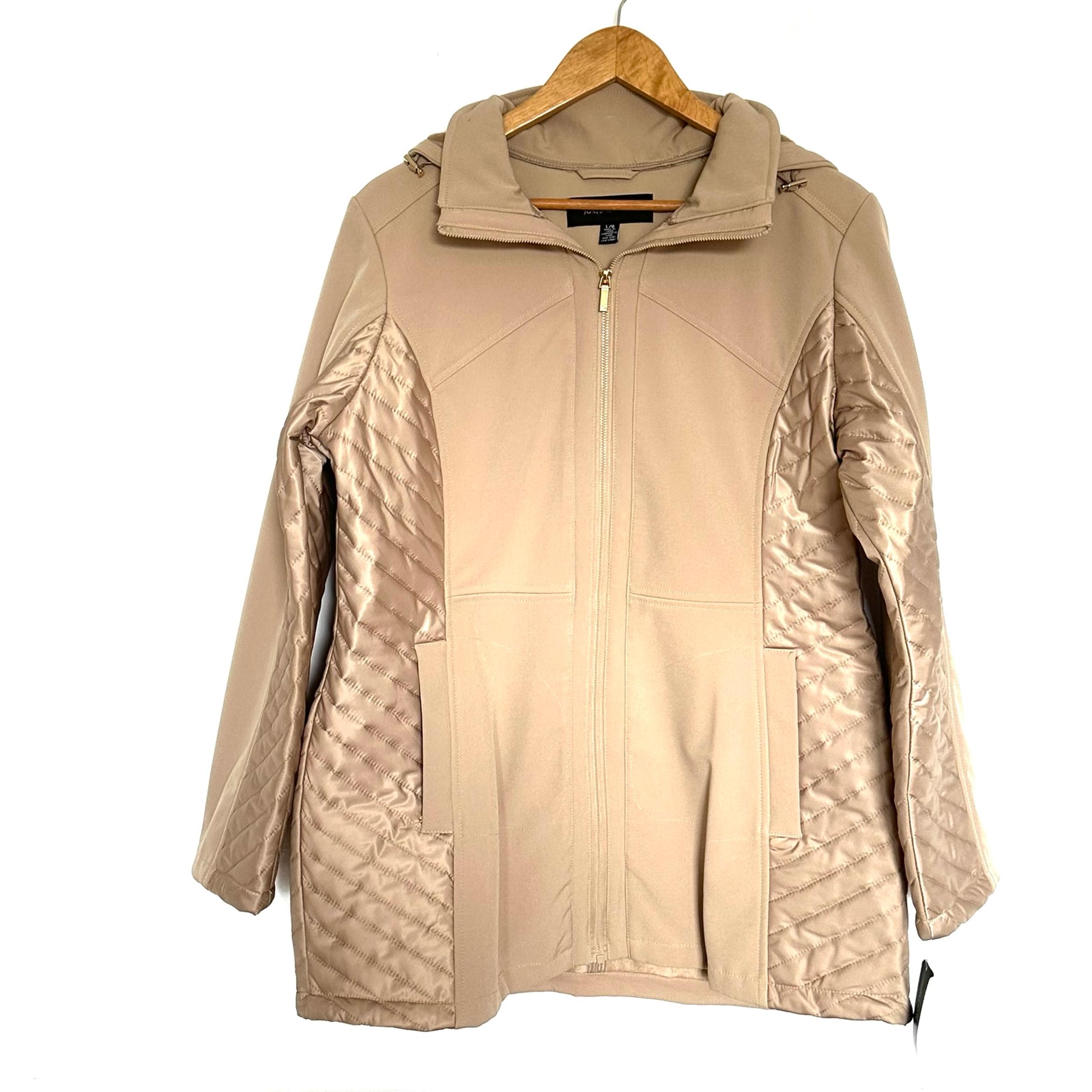 NWT Jones New York Women’s Jacket Large Tan Full Zip Hooded Long Sleeve Pockets