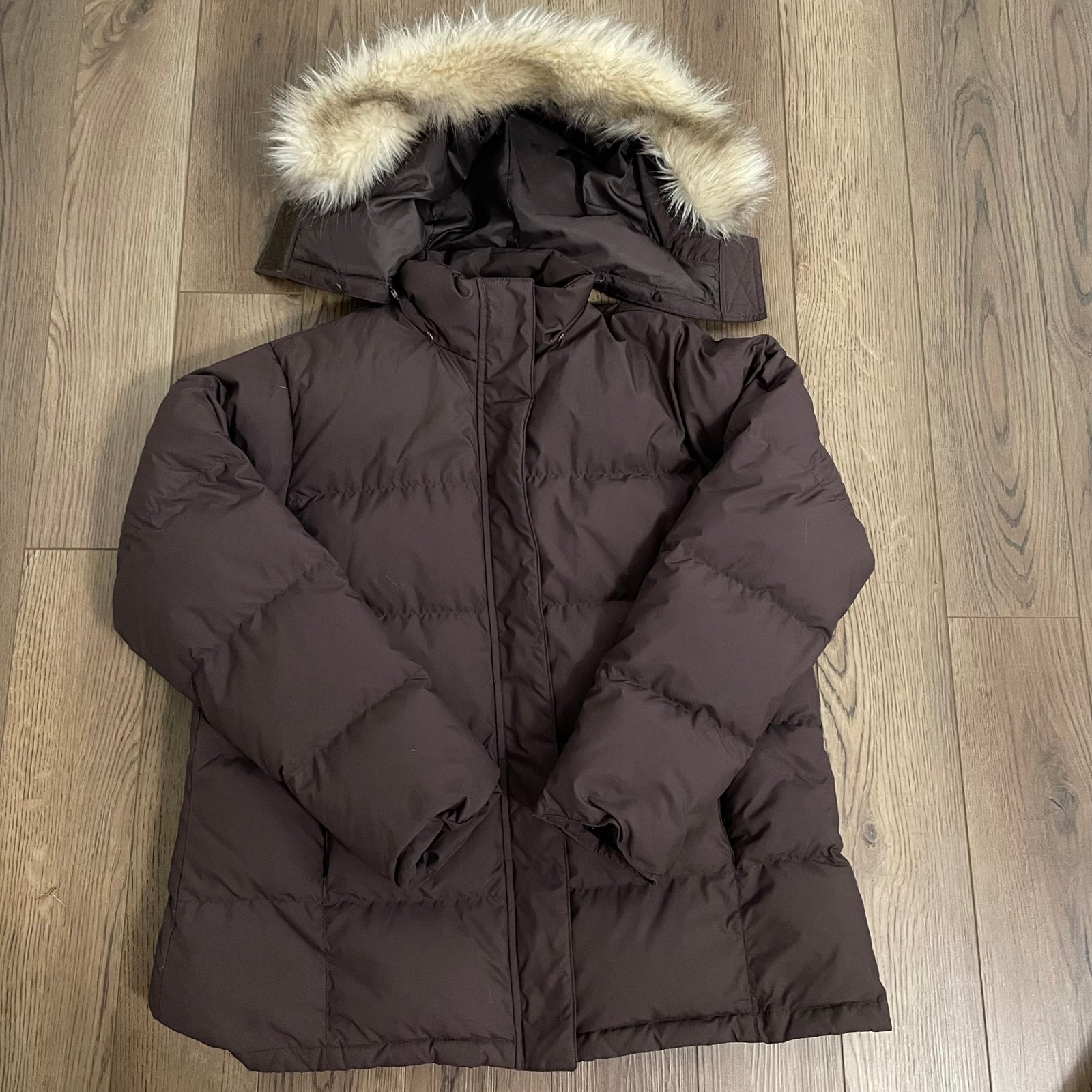 LL Bean Goose Down Puffer Faux Fur Hooded Jacket Brown
