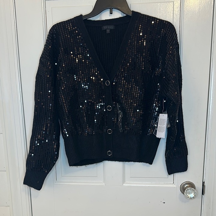 Guess Black Sequin Button Down Cardigan Sweater size S NWT