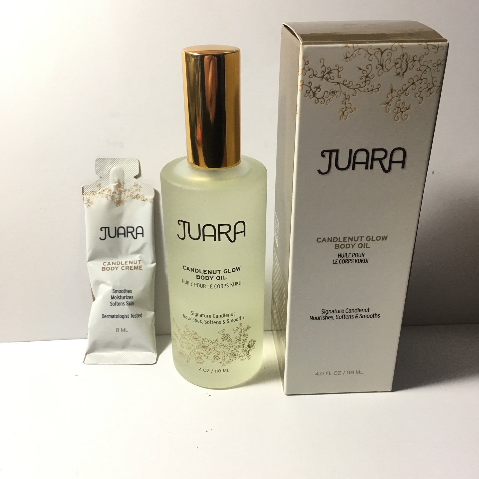 Juara Candlenut Glow Body Oil 4 floz 118ml Full Size New in Box NIB + 8ml Creme