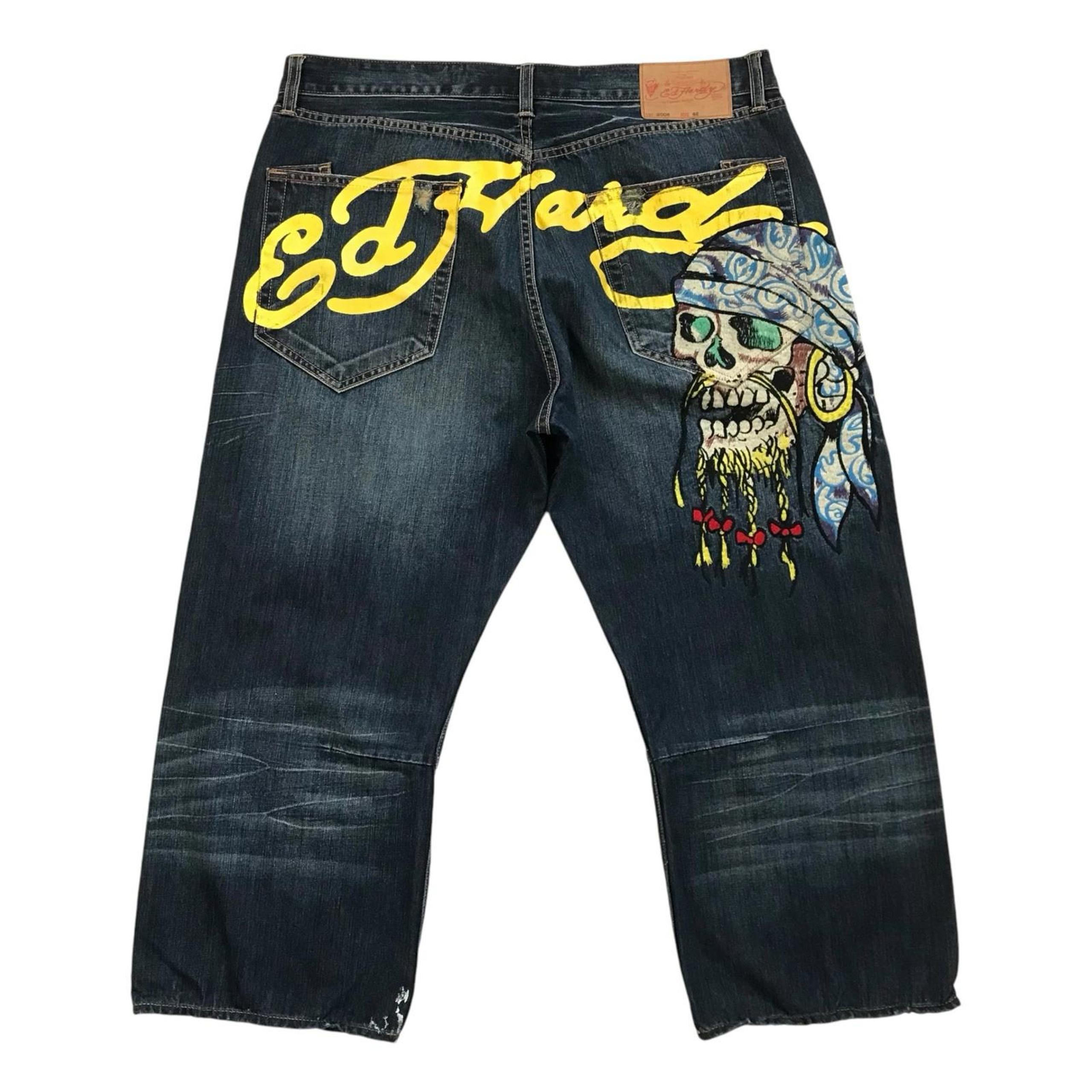 Vintage Ed Hardy Jeans 42 x 34 Mens Denim Embroidered Pirate Distressed Lot 2008
