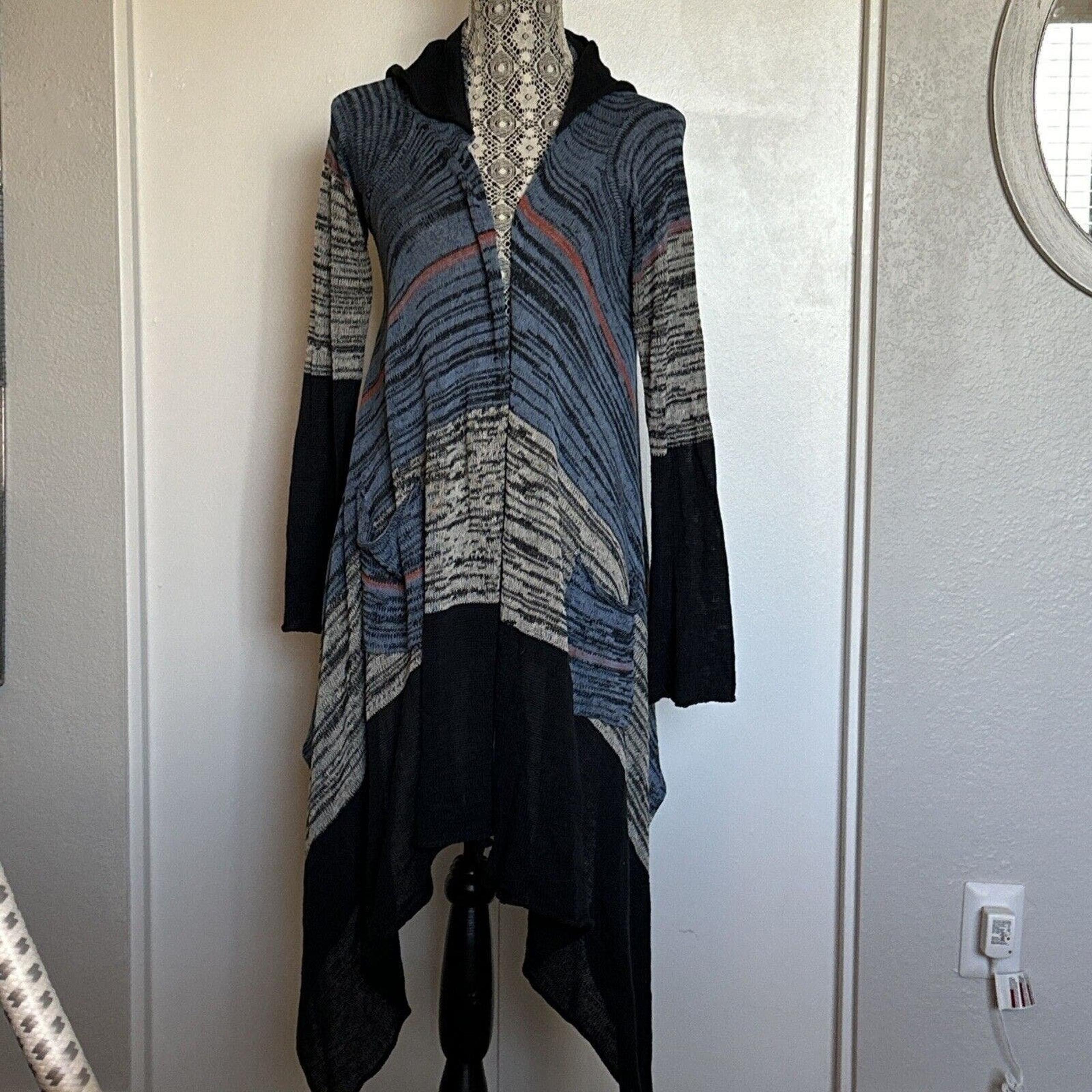 FRESH PRODUCE Hooded Long Open Cardigan Sweater BLUE GREY BLACK Sz Small