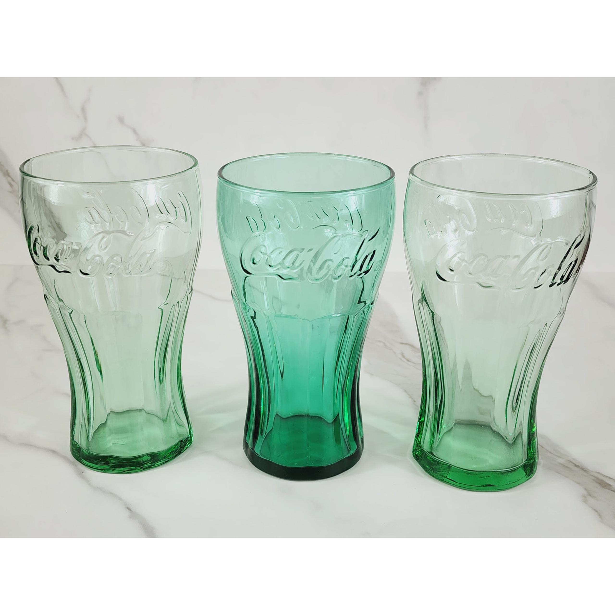 Coca Cola Libbey Drinking Glasses 17oz Embossed Logo 6" Retro Glass Green x3