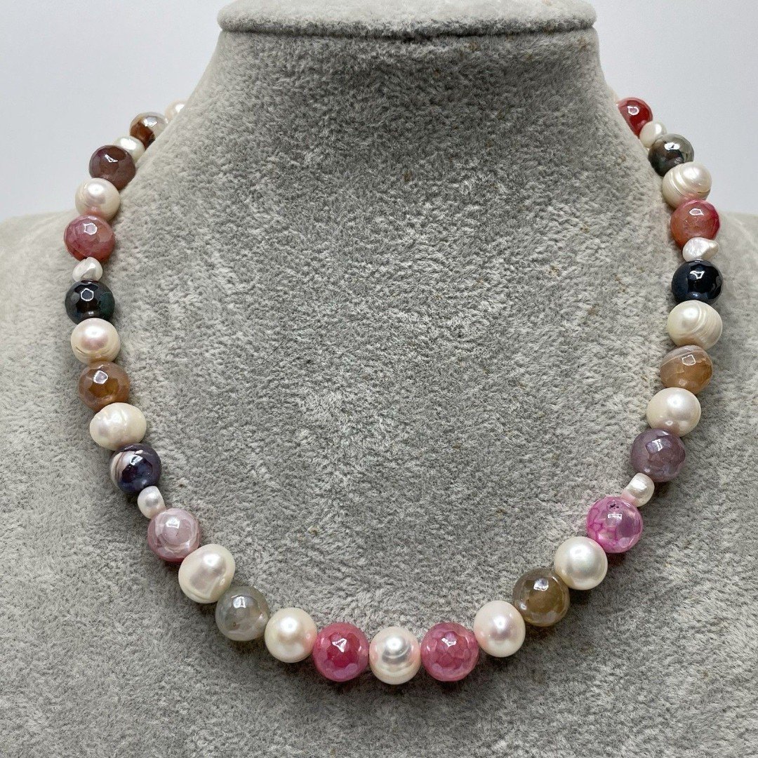 Stunning Freshwater Pearl Colorful Agate Gemstone Beaded Necklace Fun Fresh