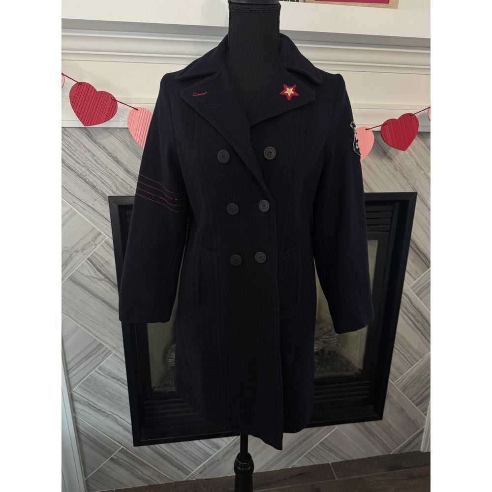 Chipie Navy Double-Breasted Military Style Coat with Red Stripe Detail Vintage