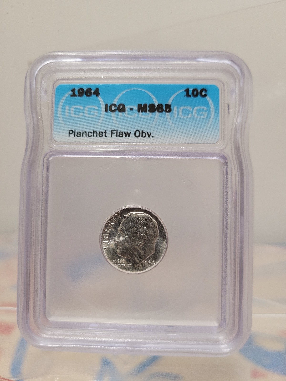 1964 10C Roosevelt Dime ICG MS 65 Planchet Flaw Observe Mint Error Coin