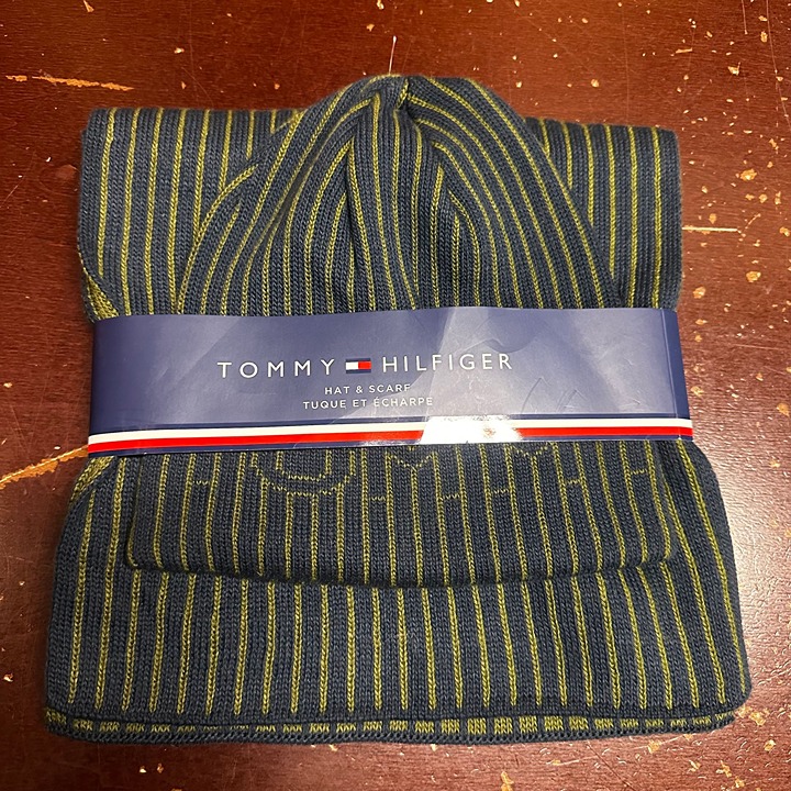 Tommy Hilfiger Mens Black Green Striped Neck Warmer Scarf & Beanie Hat One Size