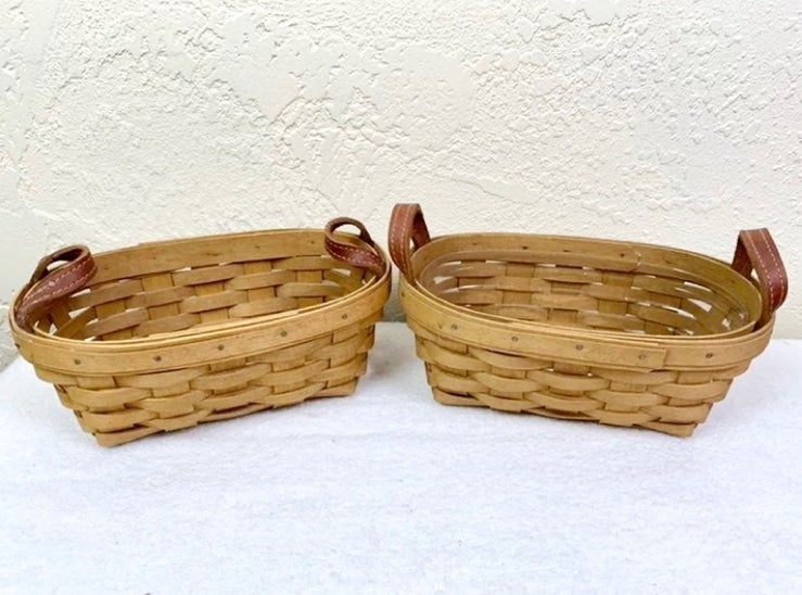 Longaberger 2 Matching Baskets 2004 w/ Straps & Plastic Basket Liner