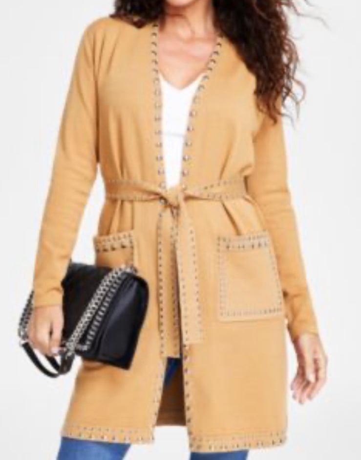 Macys camel color cardigan sweater jacket belted stud studs duster coat topper