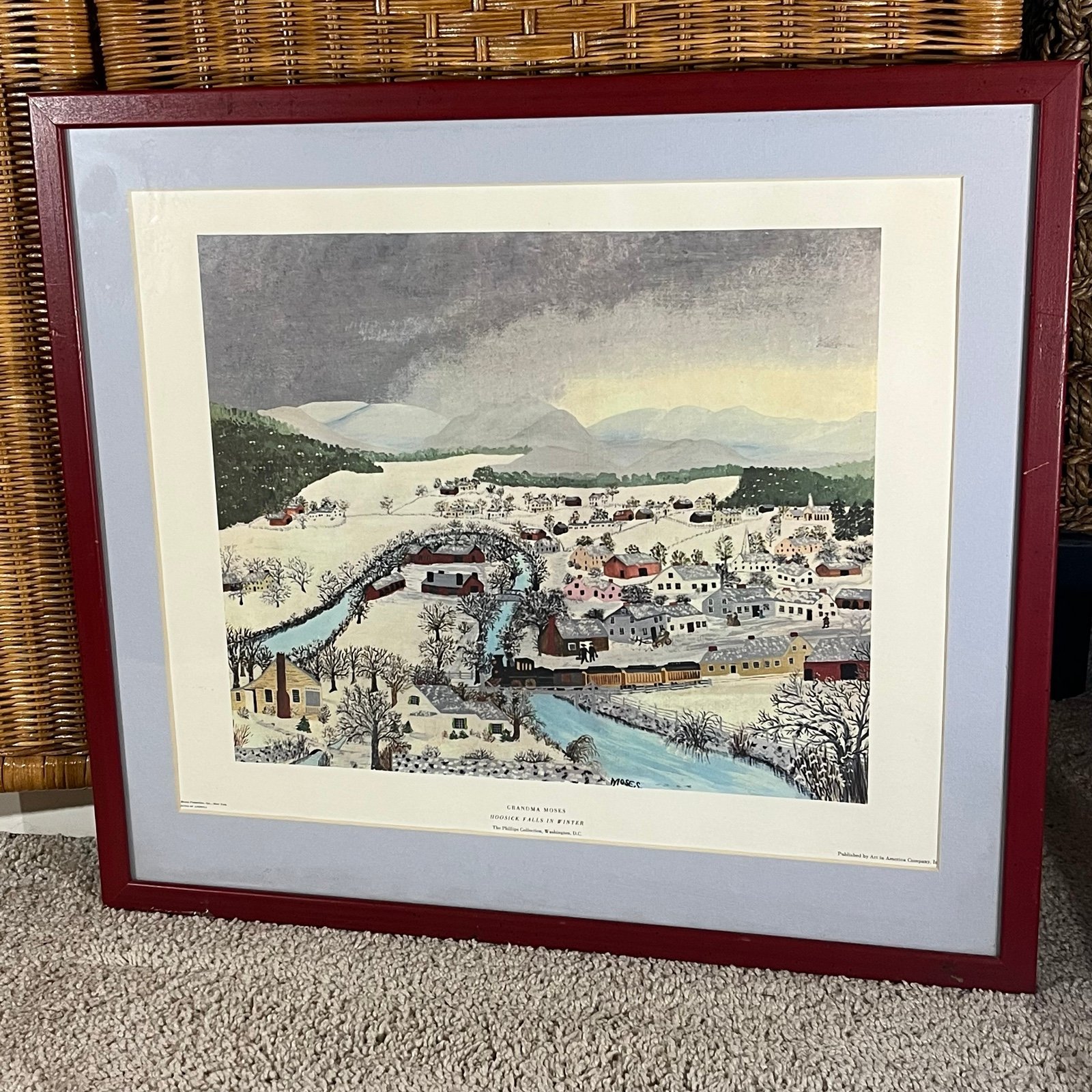 Vintage Grandma Moses hoosick falls in winter art print matted framed seasonal