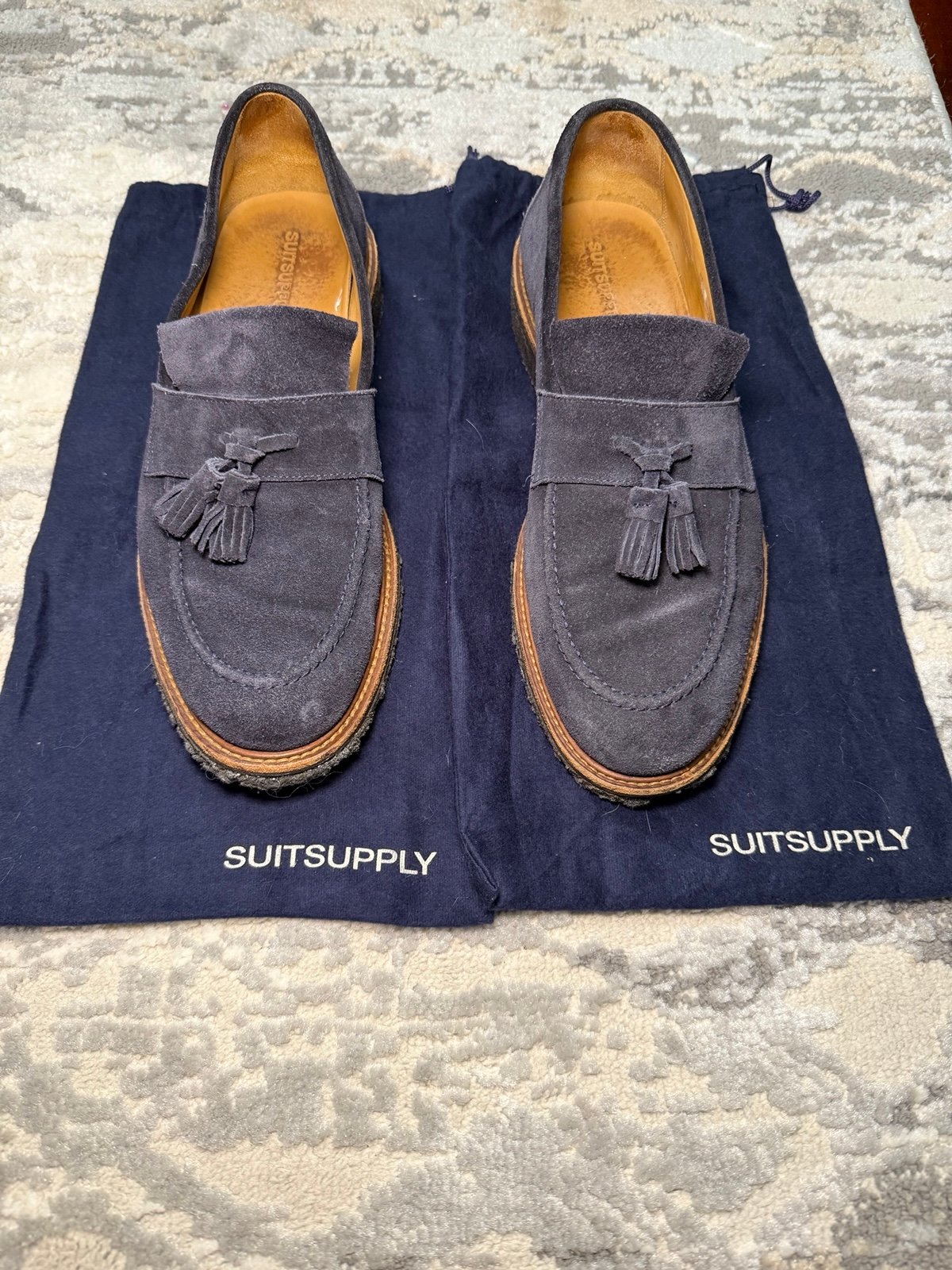 SuitSupply Navy Blue Suede Tassel Loafers