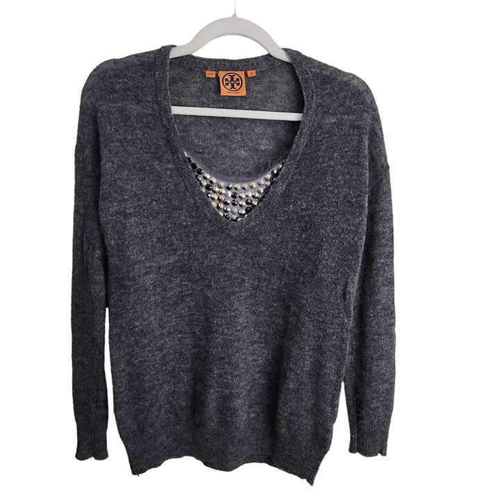 Tory Burch Gamma Sweater Gray Alpaca Blend Removable Studded Neckline Size XS