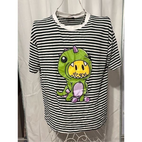 Rare striped Drew House Justin Beiber Dino streetwear shirt size medium GOOD CON