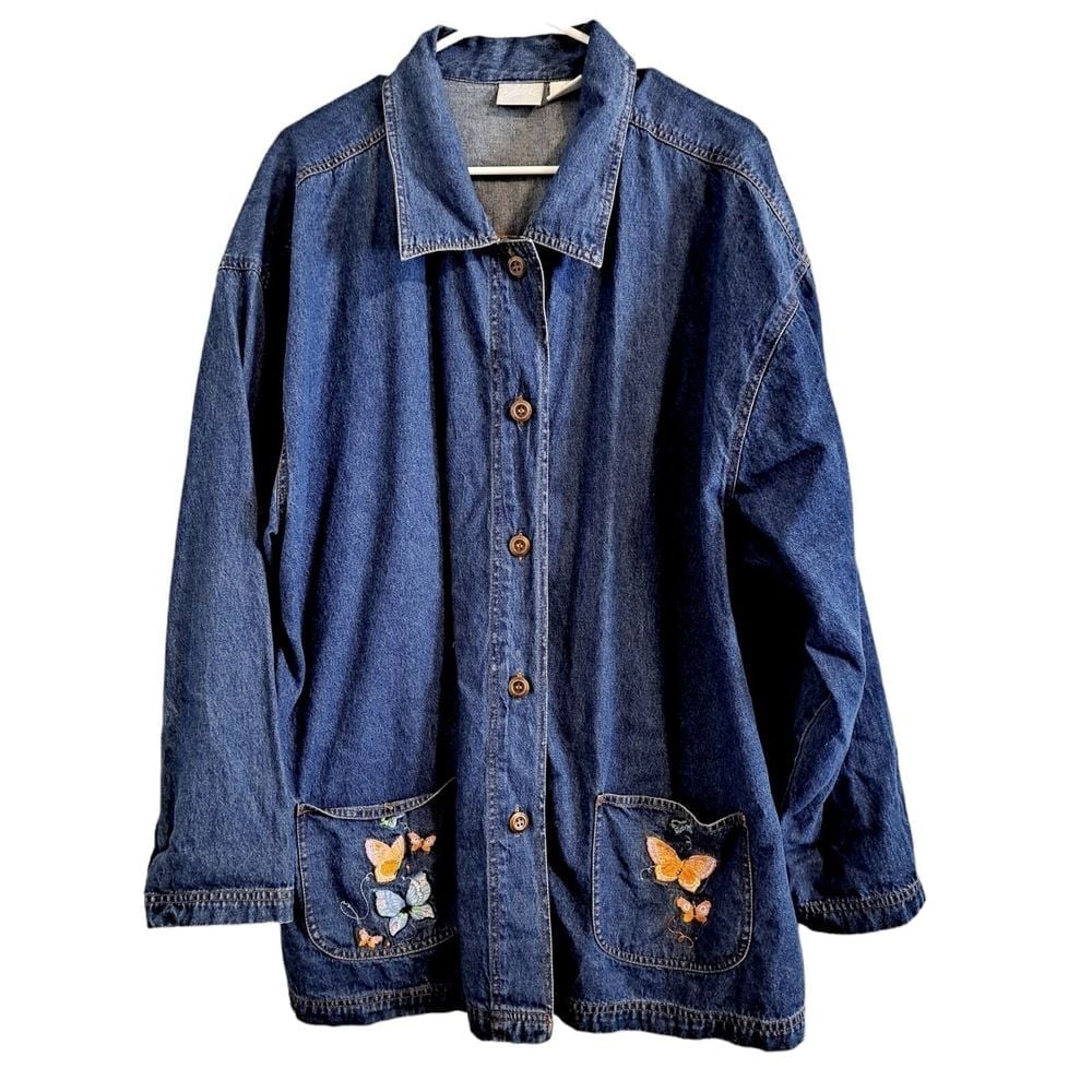 Blair Denim Jean Jacket Embroidered Butterflies Pockets Size 2XL Long Button Up
