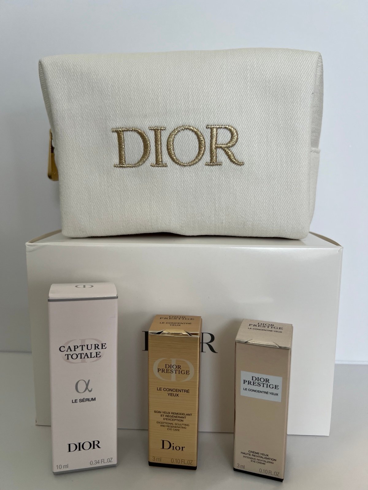 Dior Prestige Cosmetic Pouch Beige with Travel Size Serum & 2 Eye Cream