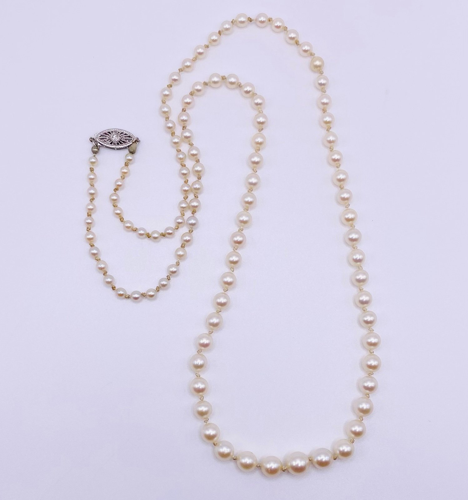 24” Vintage Antique 10K White Gold Graduated Natural White Pearl Necklace