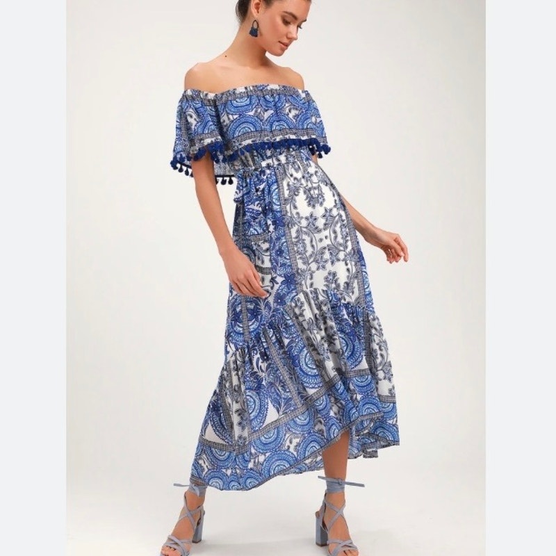 Lulus De La Sol Blue White Midi Dress Sz Medium Off Shoulder Boho Print Hi Low