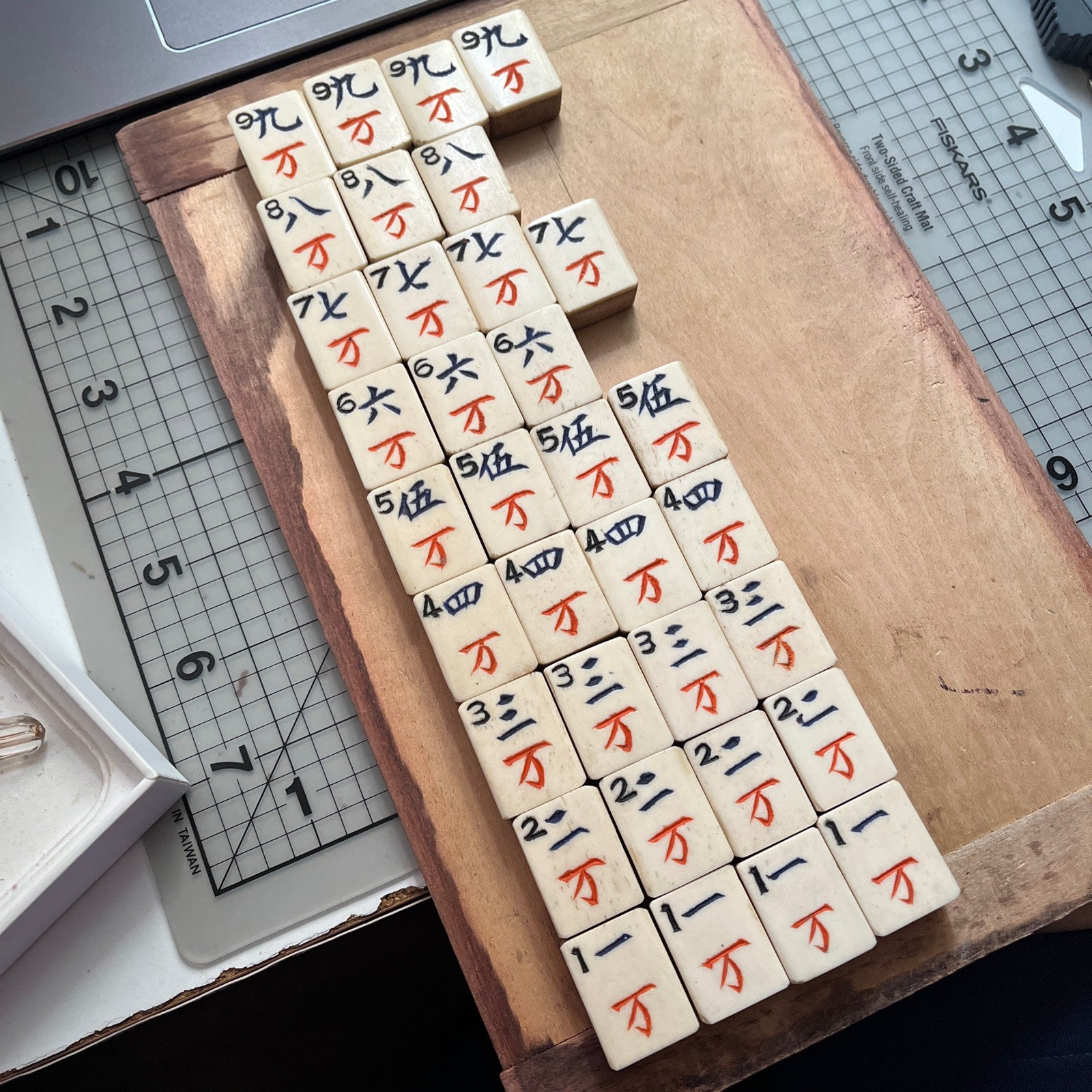 34PC mah jong mahjong antique vtg game bamboo bone tiles