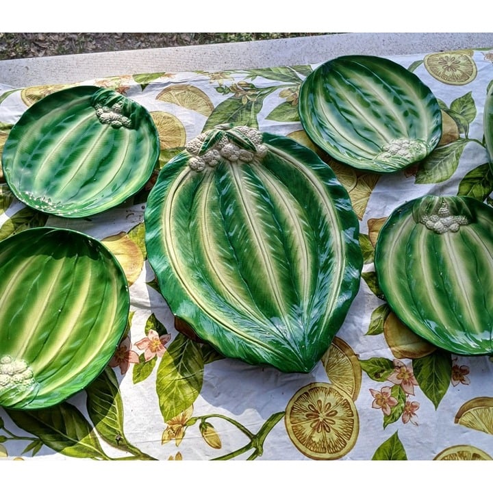 Vintage Italian Majolica Cabbage Leaf Cauliflower Crudite Set 4 Plates 1Platter