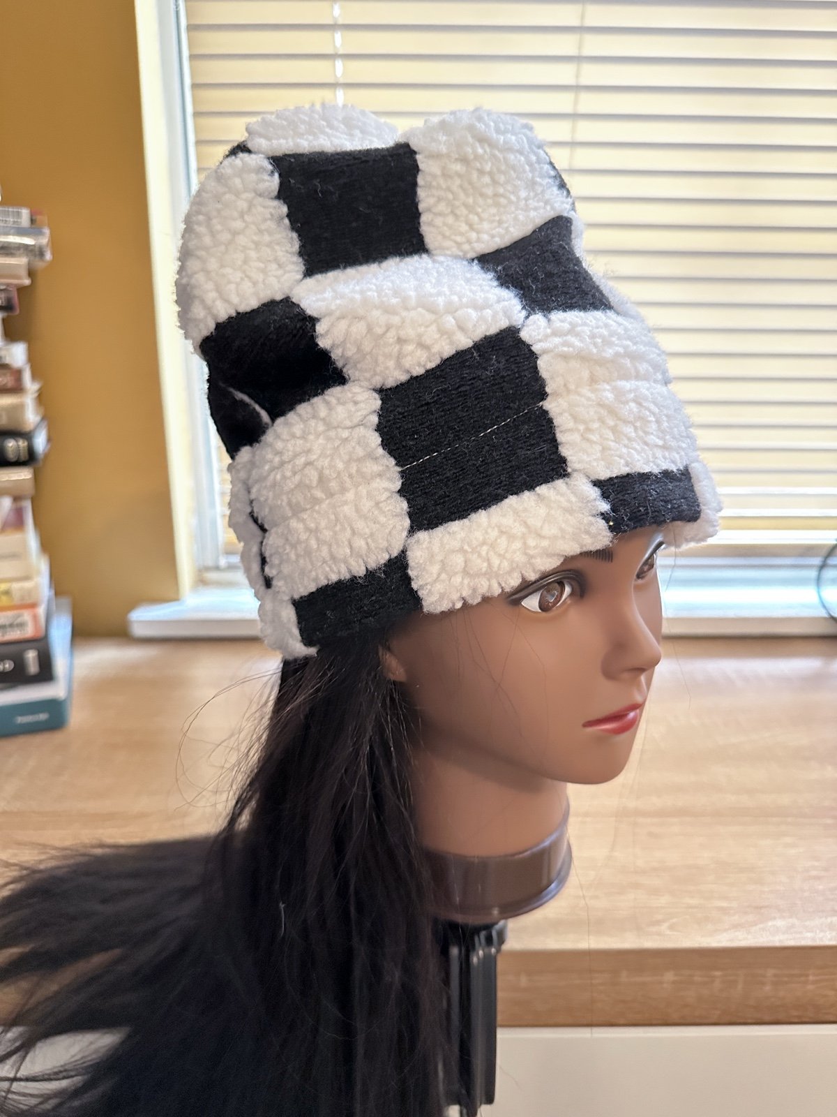 Handmade Black White Checkered Sherpa Winter Knit Soft Fluffy Beanie Hat