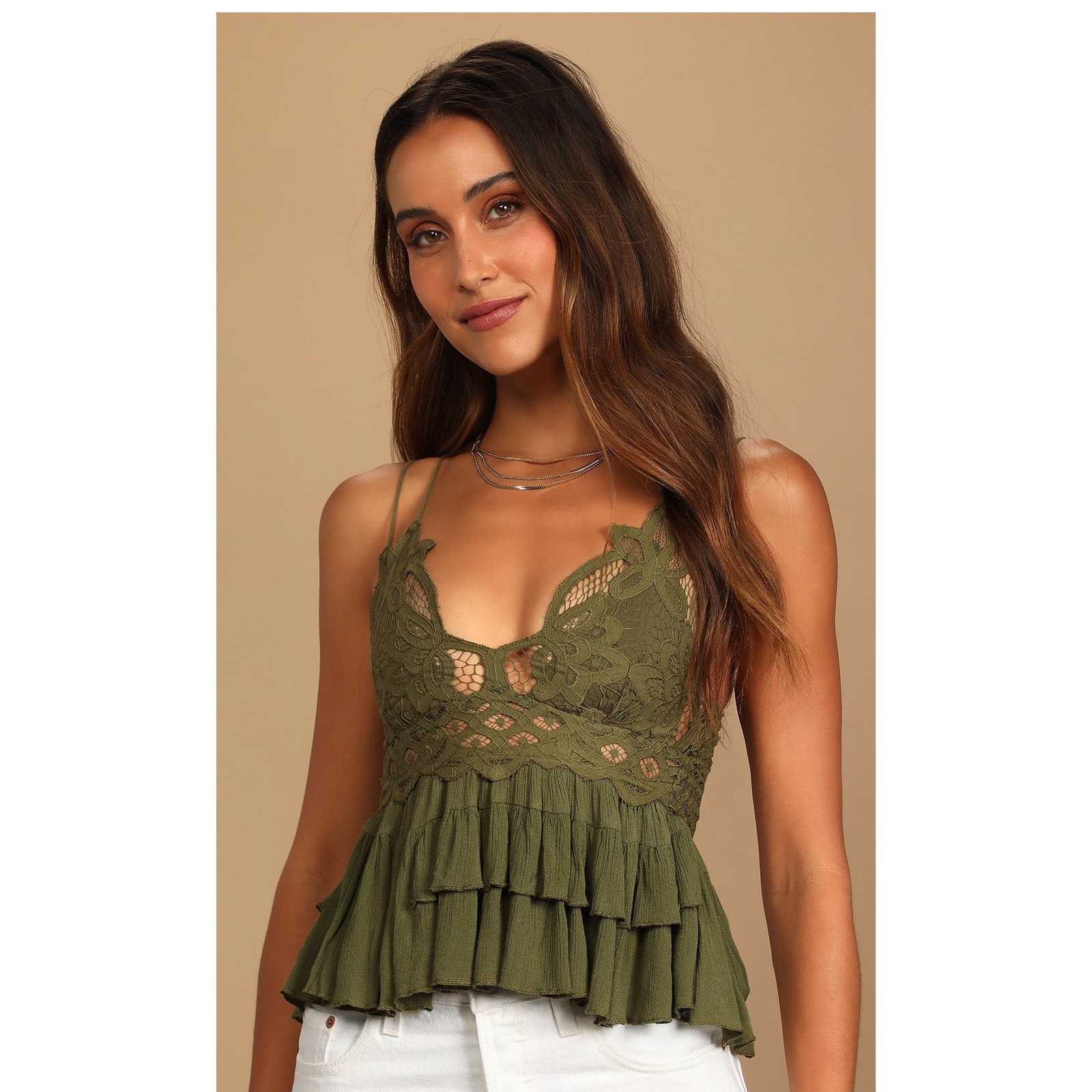 Free People Adella Cami Olive Green Lace Ruffled Tank Top Womens Small New